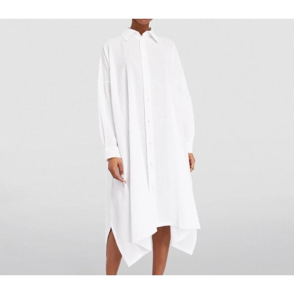 Eskandar Generous Sz (1) S/M WHITE Pucker Cotton Long Shirt Dress Crinkle Gauze